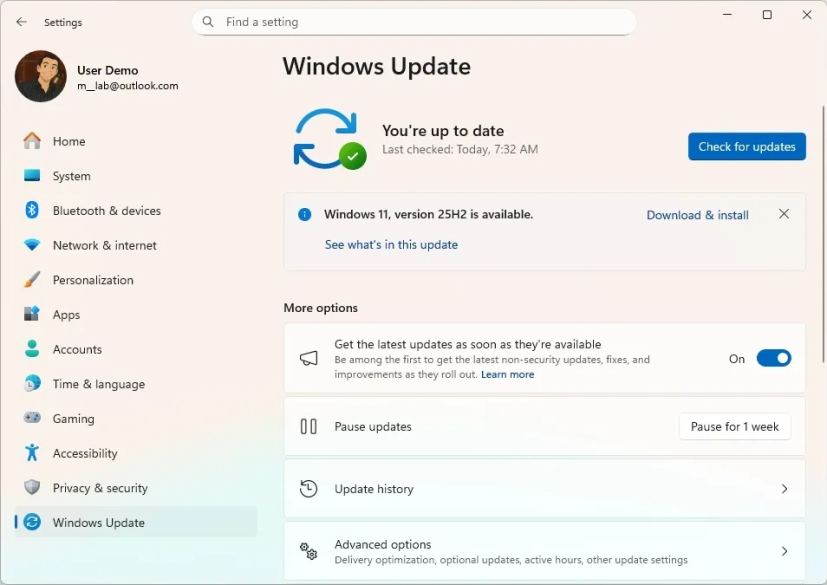 Windows Update with version 25H2 option