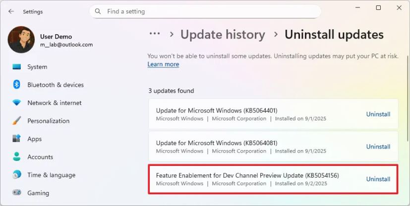 Windows Update uninstall Windows 11 25H2 feature enablement 