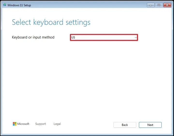 Опция выбора клавиатуры при установке Windows 11