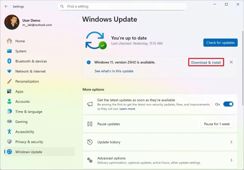 Вариант обновления до версии 25H2 в Центре обновления Windows