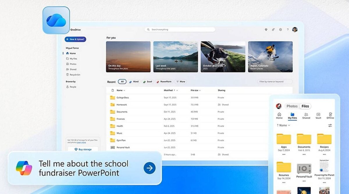 Интерфейс Microsoft OneDrive.
