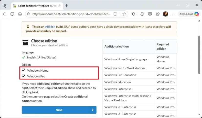 Windows 11 editions selections