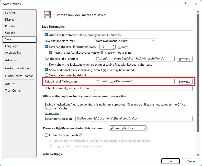 Change default local file locations in Word