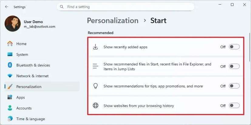 Disable Start menu Recommended section