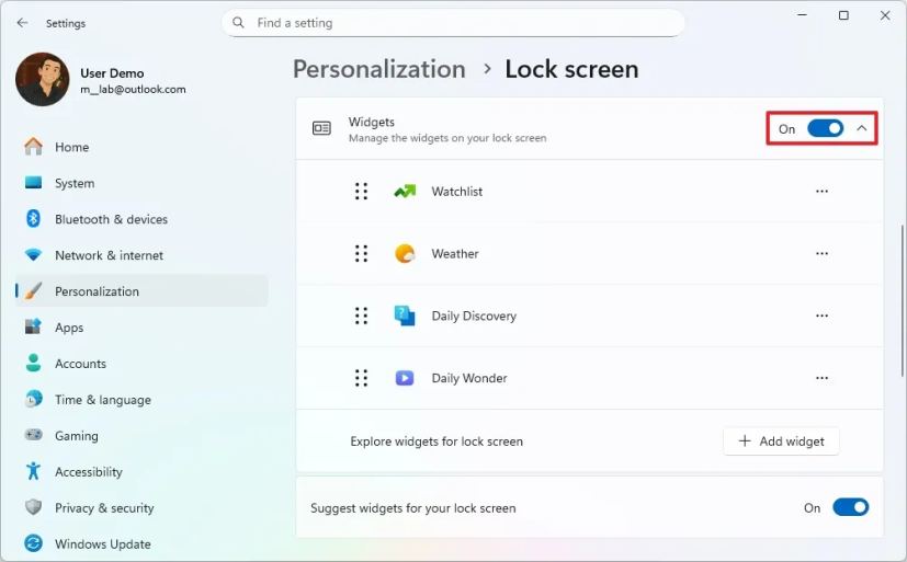 Включение виджетов экрана блокировки