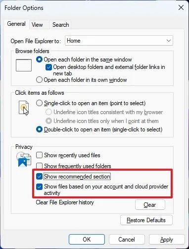 File Explorer Home enable Recommended
