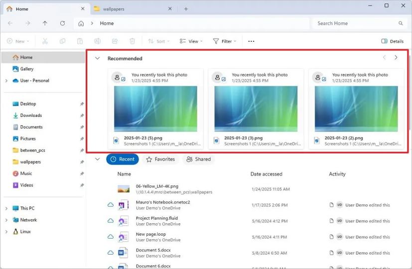 File Explorer with Home Recommended section