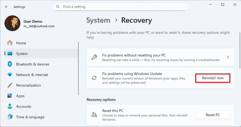 Reinstall now option