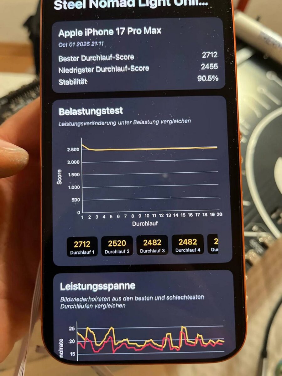 Модифицированный iPhone 17 Pro Max с кулерами от M.2 SSD в бенчмарке 3DMark.