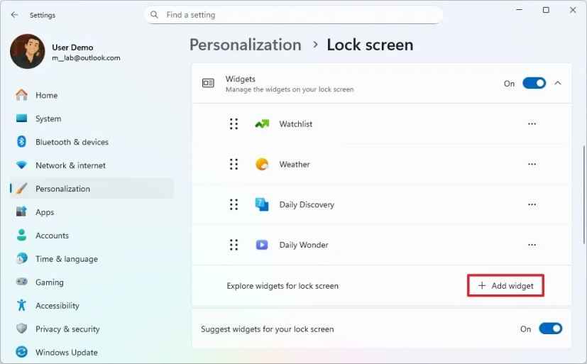 Опция добавления виджета на экран блокировки