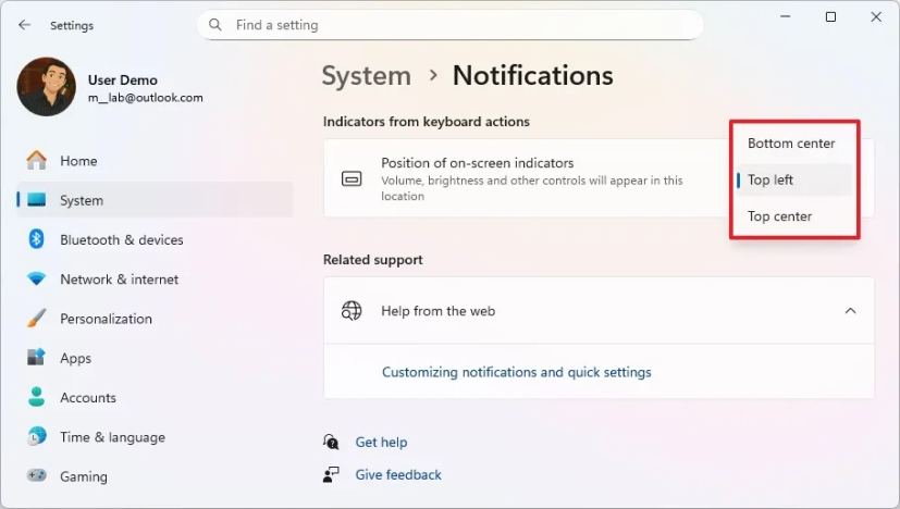 Положение экранных индикаторов