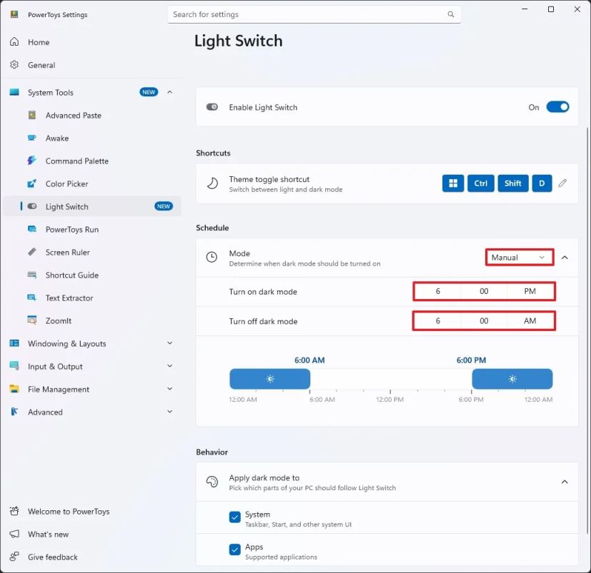 PowerToys Light Switch manual configuration