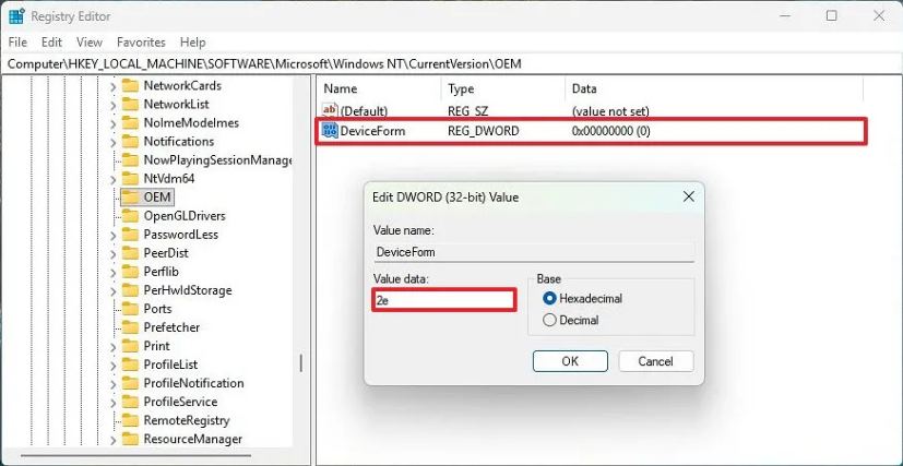 Registry create DeviceForm key with 2e value