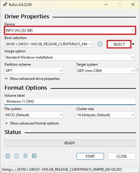 Rufus Windows 11 25H2 ISO select option