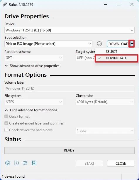 Rufus Windows 11 ISO download option