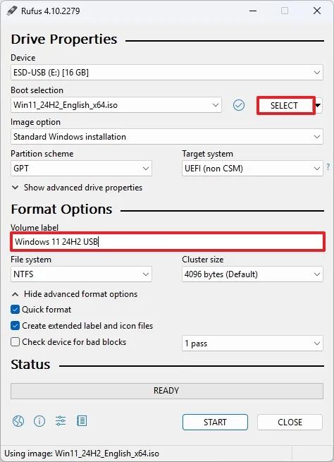 Rufus create Windows 11 USB