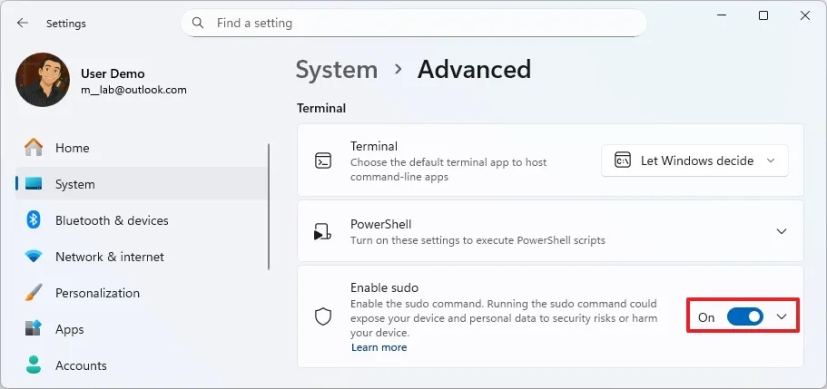 Advanced page enable Sudo command