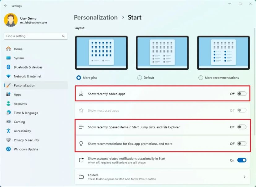 Start disable recommendations