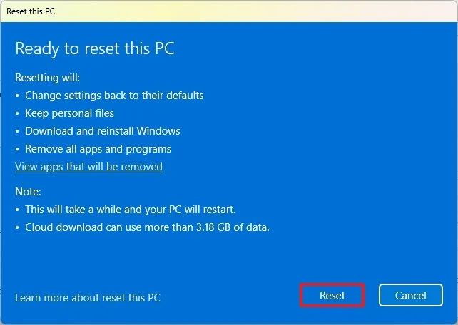 Windows 11 factory reset with cloud download option