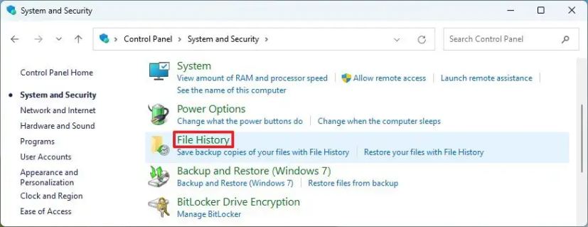 Control Panel File History option