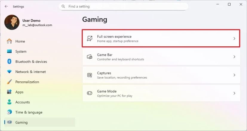 Full screen experience on Gaming settings