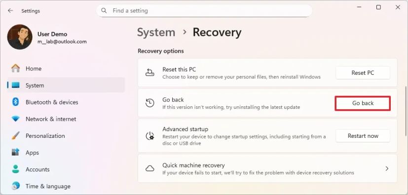 Опция отката Windows 11