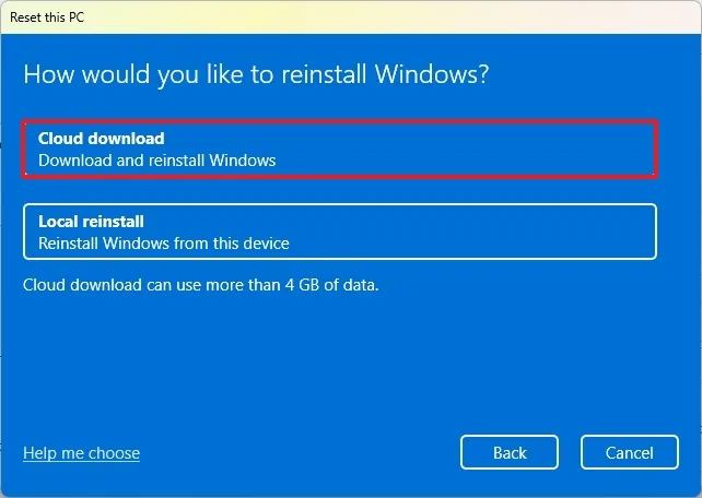 Windows 11 reset with Cloud download