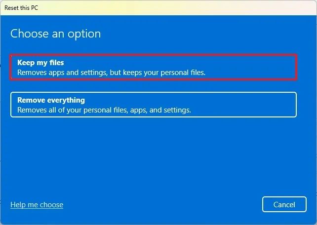 Keep my files reset option