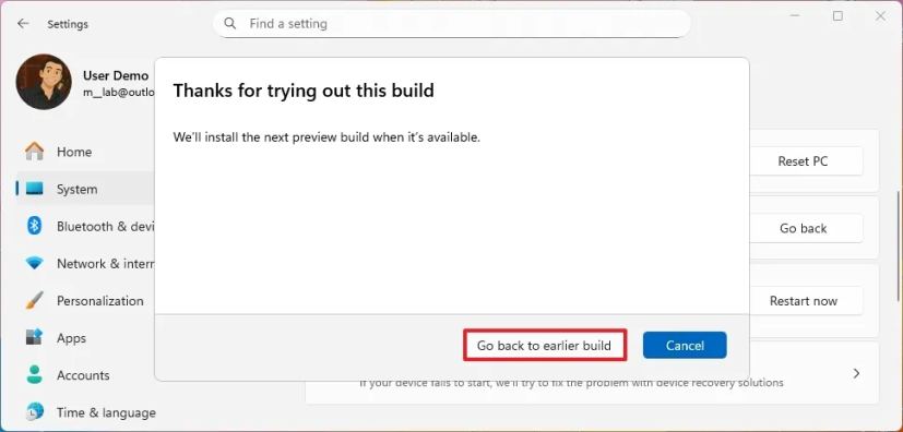 Откат версии Windows 11