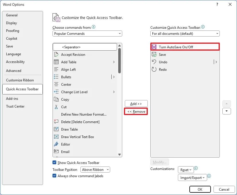 Word remove AutoSave option from toolbar