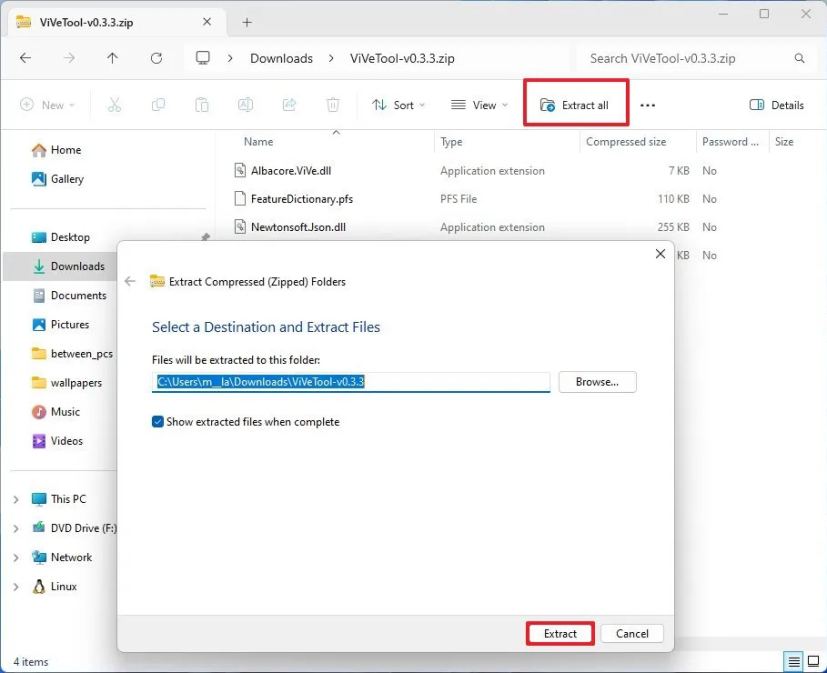 Извлечение ZIP-файла ViveTool