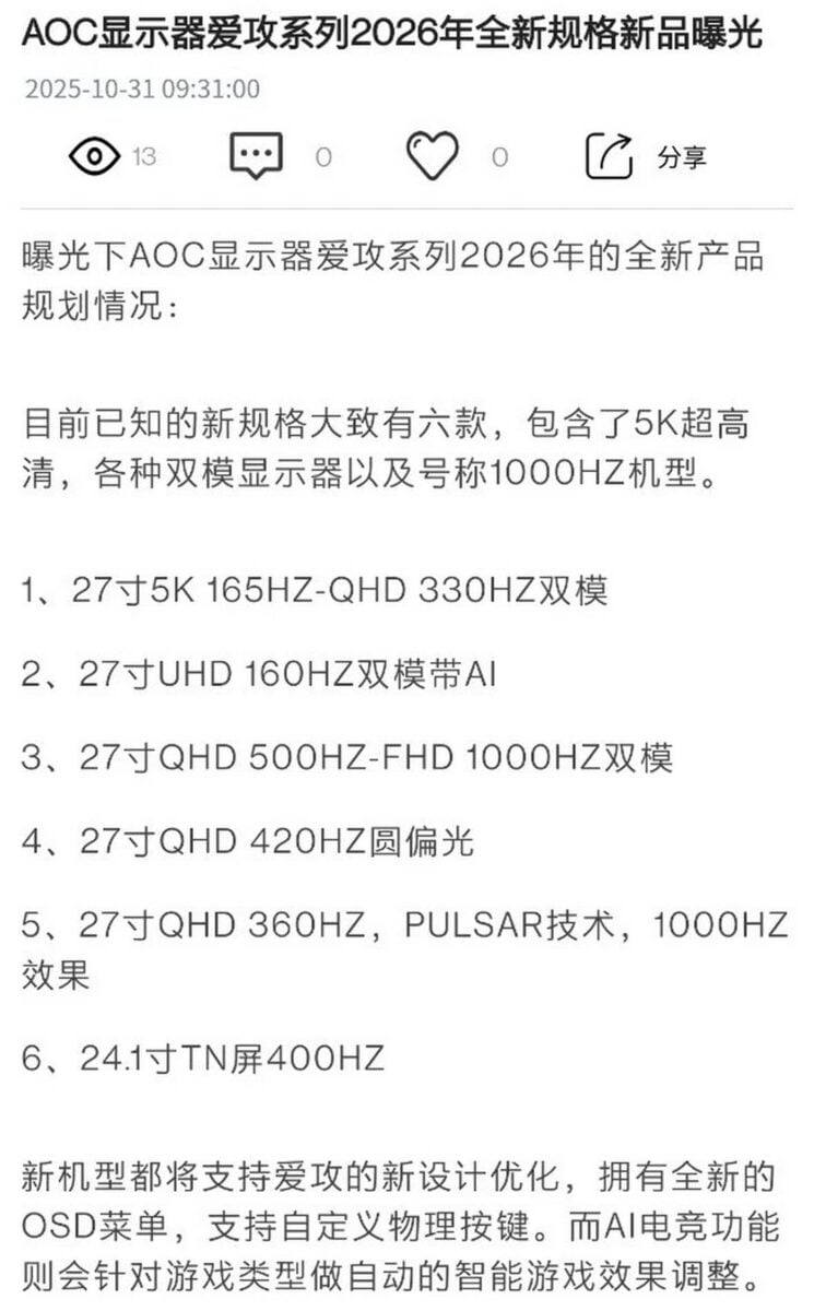 Предполагаемая линейка мониторов AOC AGON