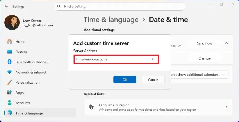 Windows 11 add custom time server
