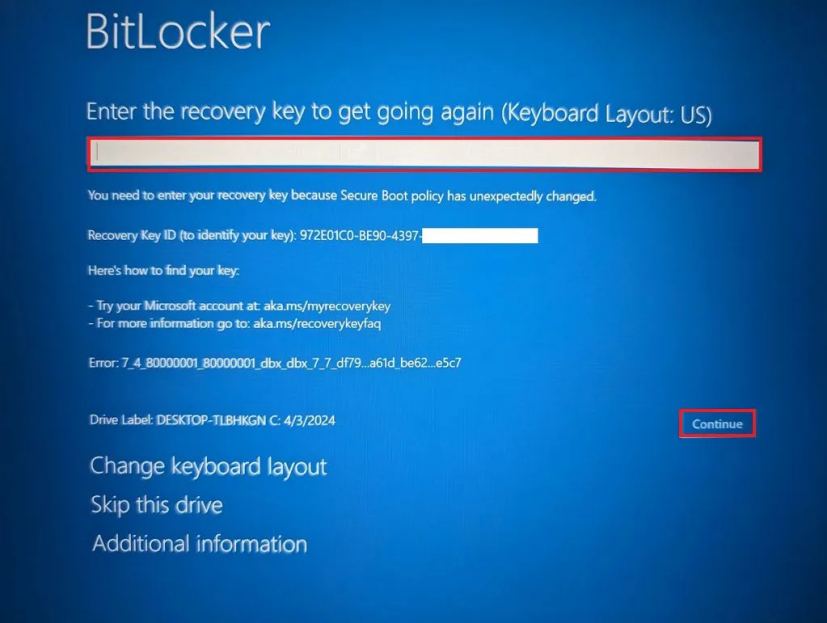 Синий экран восстановления BitLocker