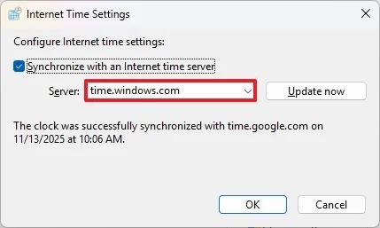 Configure internet time settings in Control Panel