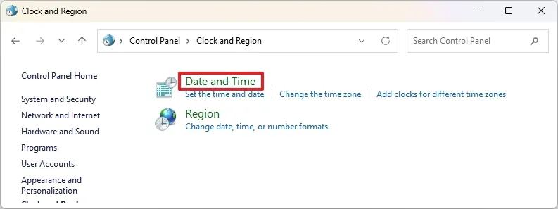 Control Panel date and time