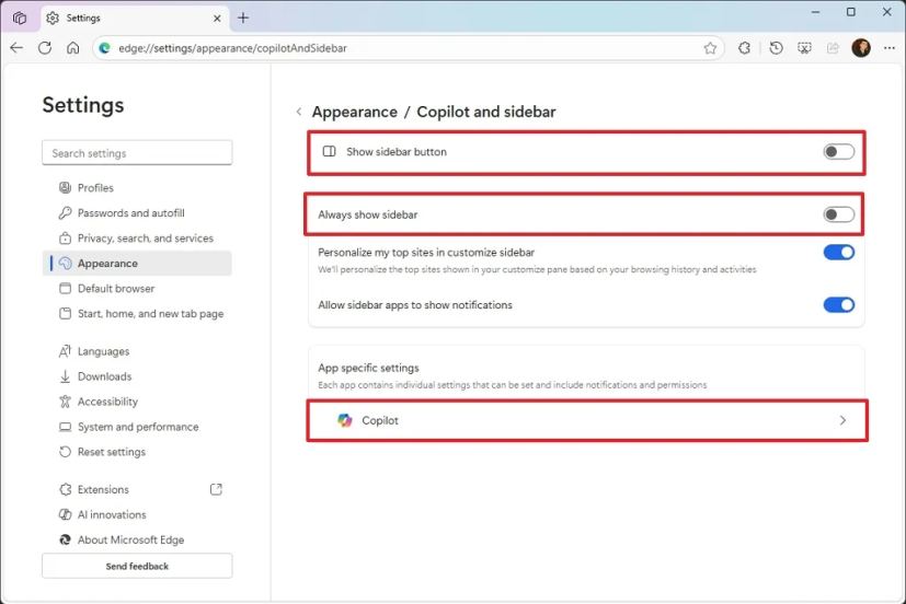 Disable Copilot and sidebar in Edge