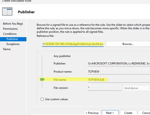 Создание правила контроля приложения для конкретной программы