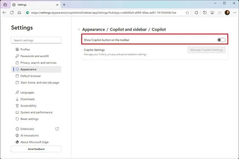 Disable Copilot button in Edge