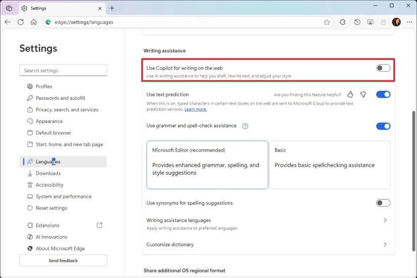 Disable Copilot writing assistance in Edge