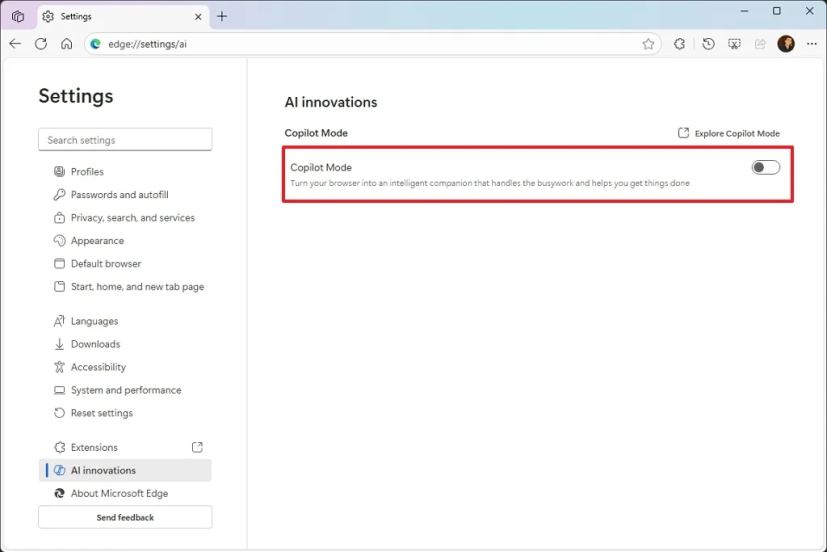 Disable Copilot mode in Edge