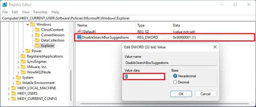 Windows 11 disable search suggestions Registry