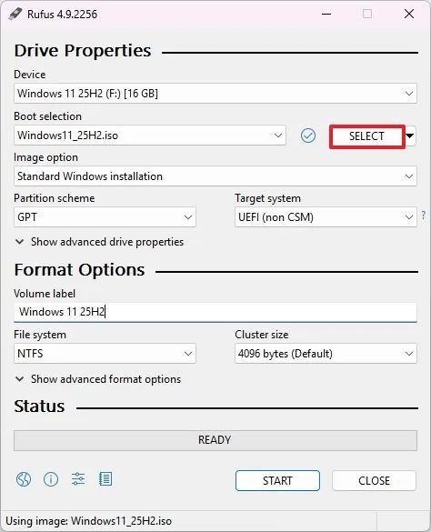 Rufus open Windows 11 25H2 ISO file