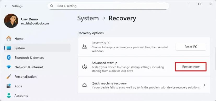 Settings Advanced startup option