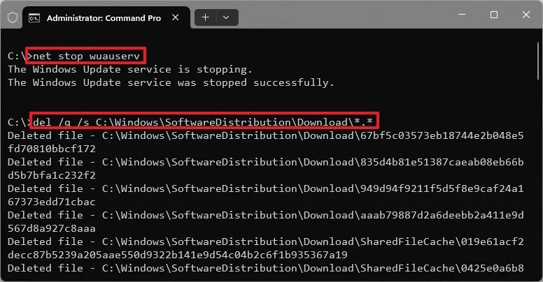 Командная строка удаляет файлы ожидающих обновлений