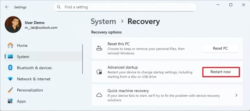 Advanced startup restart now option