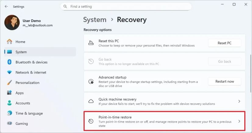 Point-in-time Restore settings