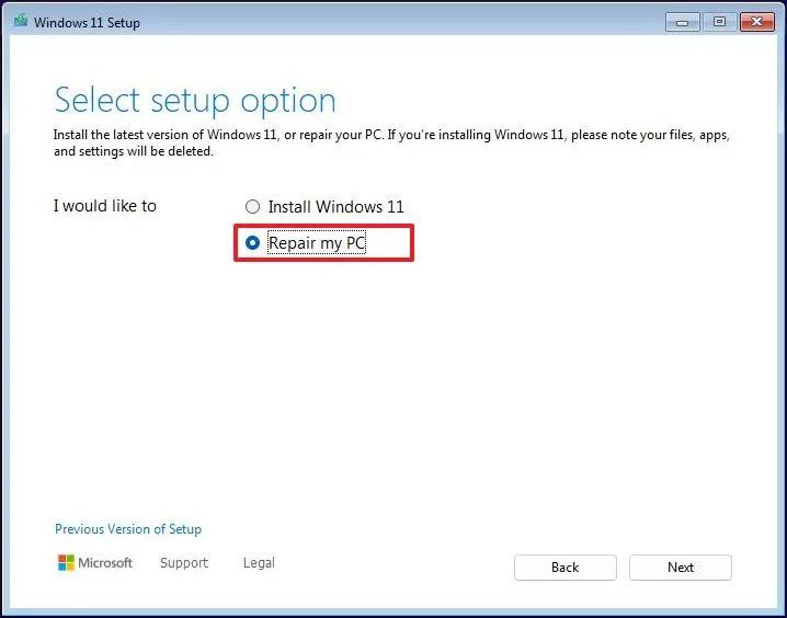 Windows 11 Setup Repair my PC option