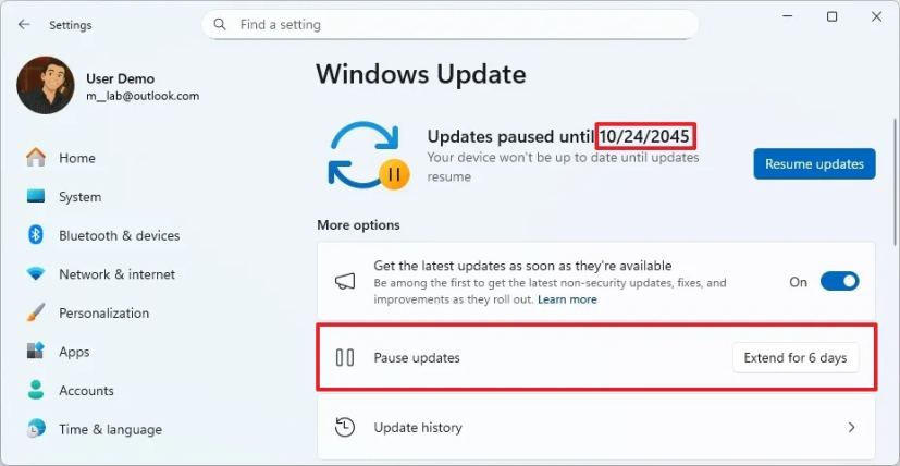 Windows Update pause for 1042 weeks