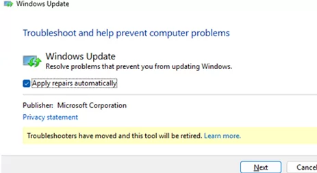 Apply automatic repairs via Windows Update Troubleshooter.